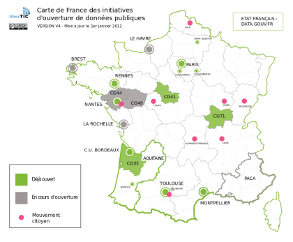 Carte de France des initiatives d'ouverture des données publiques, état du 1er janvier 2012 par Libertic